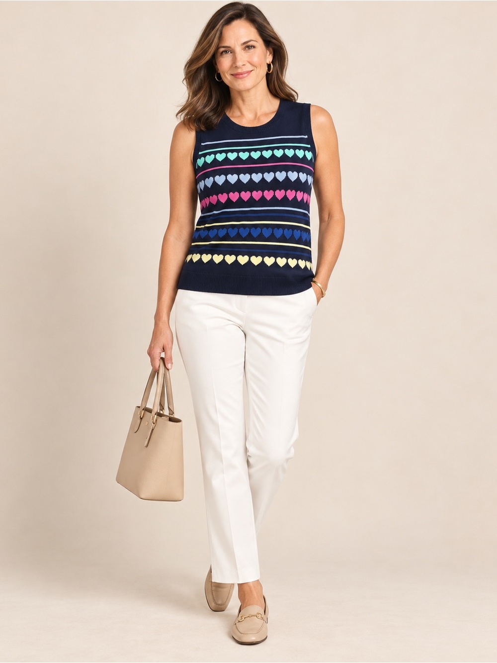 Talbots Navy Sleeveless Knit Shell with Multicolor Heart Stripes M